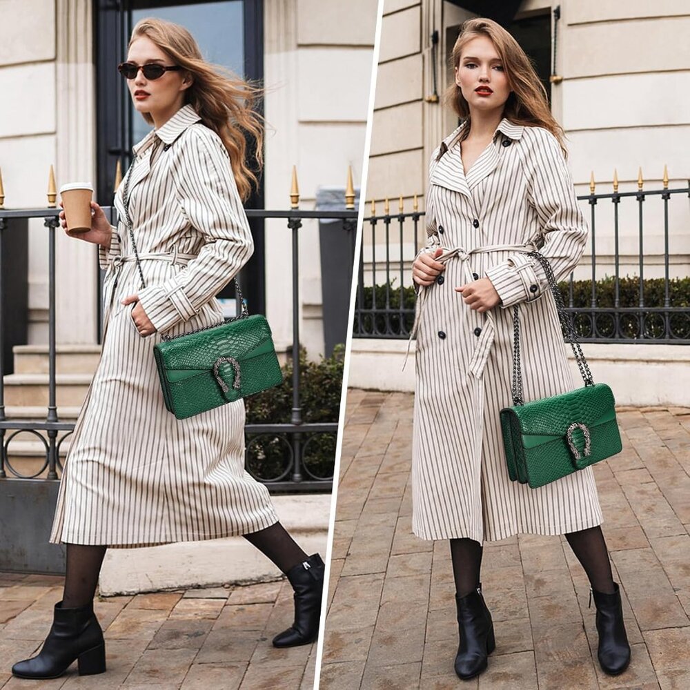 ⚡ Women's Leather Vintage Snake Print Crossbody Green Square Satchel Handbag